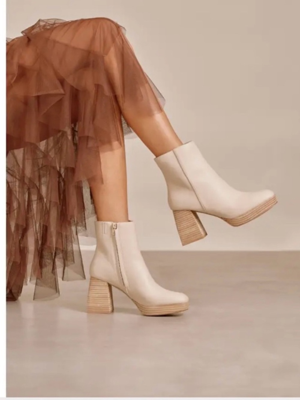 Mi.Im. Women's Cream Ankle Boots with Block Heel